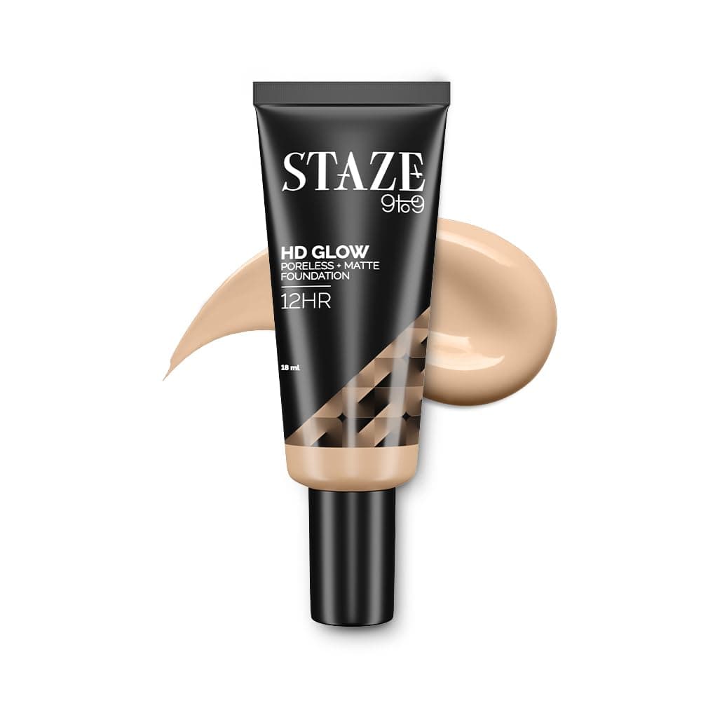 Staze9To9 Hd Glow Poreless + Matte Foundation, Hd Flawless & Poreless Finish, Buildable Coverage, Sweatproof, 12H Longlasting, Suitable For All Skin Types, 125W Vanilla, 18 Ml - Liquid
