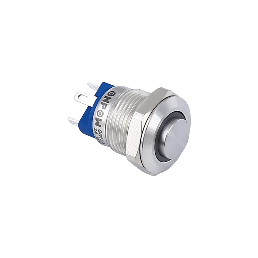 ONPOWPush Button Switch GQ12-AH-10E/J/S,High Round,Ring Illuminated,Momentary; 1NO,12mm;Pin Terminal; Stainless Steel (GQ12-AH-10E/J/G/12V/S(Momentary))