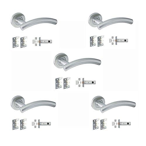 HANDLESTORE5 Set's Door Handles Pack Internal C/w Latch Hinges Arched T-Bar Lever on Rose Furniture Stainless Steel - ®