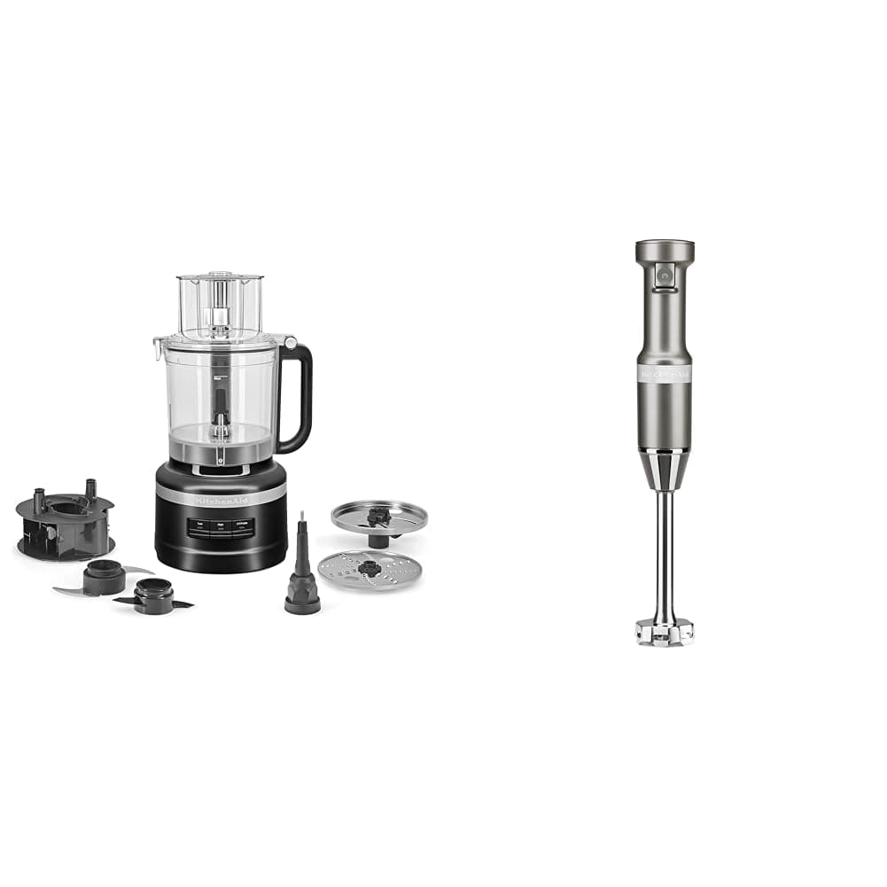 KitchenAid 13-Cup Food Processor, Black Matte & Variable Speed Corded Hand Blender KHBV53, Contour Silver