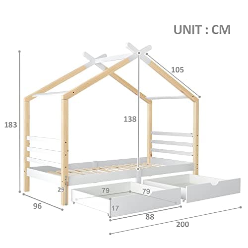BTM Kids Single Bed Frames Toddler Beds Storage Underneath 3FT Single Bed with Storage Solid Pine Wood House Tree Canopy Bed for Children Girls and Boys Toddler Bed