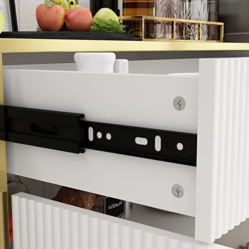 ECACAD Modern Sideboard Buffet Storage Cabinet with Ripple Doors, Drawer & 6 Storage Compartments, Kitchen Cupboard Console Cabinet with Metal Legs for Living Room, Entryway, White & Gold