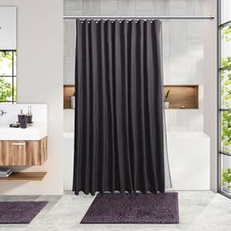 Clara Clark Bathroom Accessories Set - Bathroom Accessory Set with Shower Curtain Set, Toilet Brush, Trash Can & Soap Dispenser & Rugs (Purple, Complete Set + Bath Rugs)