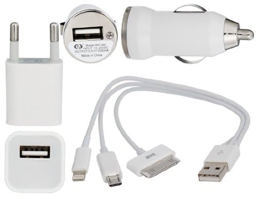 3-piece EU Plug USB Mini Car Charging Set for iPhone 5 (White)