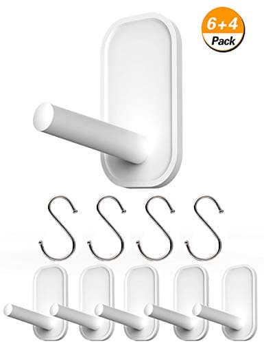 Wall Hooks, Adhesive Hooks for Hanging, Heavy Duty Hanging Hooks for Coat Towel Robe Backpack, Sticky Hooks Hold 7 lbs, Wall Hanger for Smooth Wall, Water-Resistant 6 Utility Hooks, 4 S Hooks