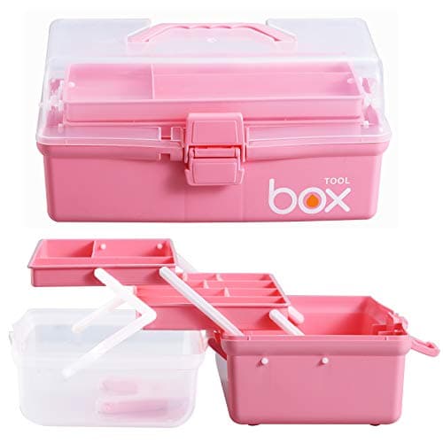 Kinsorcai Rectangular 12' Inch Three-Layer Clear Plastic Storage Box (Pink, Large)