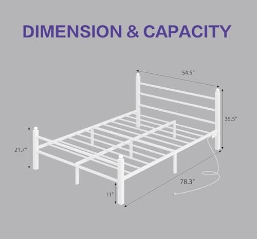 Full Bed Frame with Headboard and Footboard, Metal Bed Frame with Charging Station and LED Lights, Under Bed Storage, No Box Spring Needed,Noise Free, White