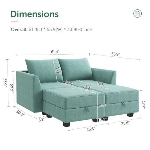 HONBAY Convertible Sectional Couch Modular Sofa with Reversible Chaise Sectional Sofa Set with Storage, Aqua Blue