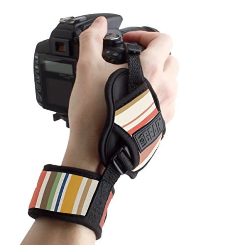 USA GEAR DualGRIP Professional Camera Grip Hand Strap with Neoprene Design and Metal Plate - Compatible with Canon, Fujifilm, Nikon, Sony, and More DSLR, Mirrorless, Point & Shoot Cameras (Striped)