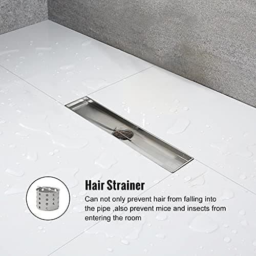 Linear Shower Drain, Shower Drain 12 inch with Bar Pattern Grate, Durable AISI 304 Stainless Steel Shower Drain, Linear Drain with Hair Strainer and Leveling Feet