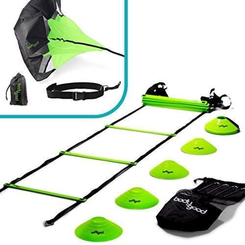 BodyGood Speed & Agility Training Set. Includes Agility Ladder, Resistance Running Parachute, 15 Sports Cones & Bag. Use Equipment to Improve Footwork Any Sport. Comes Instructional PDF