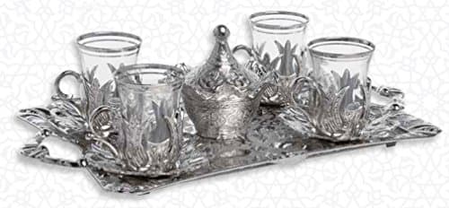 Premium Silver plated Tea Set for 4 - Made in Turkey - 15 pieced set, Silver