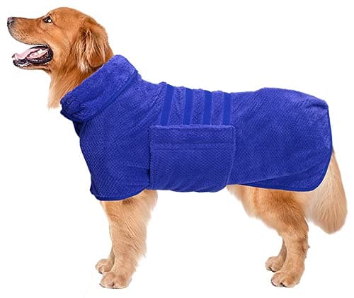 Geyecete Dog Drying Coat - Pineapple Grid Fast Drying Super Absorbent Pet Dog Cat Bath Robe Towel - Blue - L (Back Length: 19-20 inch)