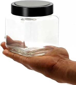 Vency Piramal Glass Cubical Square 600ml Transparent Glass Jars & Containers for Kitchen Pantry, Snacks, Pickles, Cookies, Dry Fruits, Coffee Storage with Black Plastic Lid (600ml, Set Of 4)