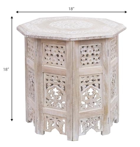 COTTON CRAFT Solid Wood End Table - Hand Carved Vintage Boho Folding Side Table - Small Spaces Entryway Accent Table - Farmhouse Living Room Bedside - No Tools Assembly - 18x18 Octagon - White Wash