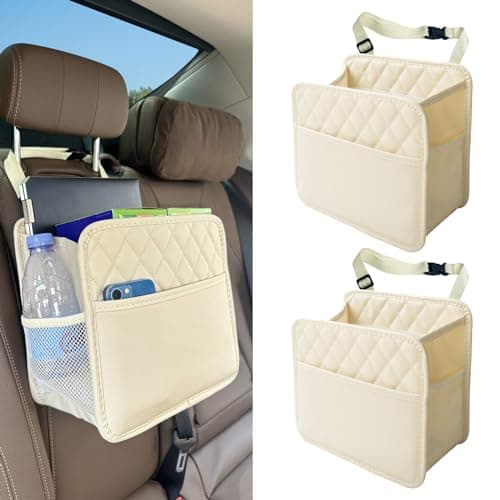 2 Pack Upgraded Car Seat Organizer Backseat with Storage Pockets, Multipurpose Car Organizer Hanging Car Trash Bag Premium PU Leather Garbage Can 2.14 Gallon Large Capacity Accessories Beige