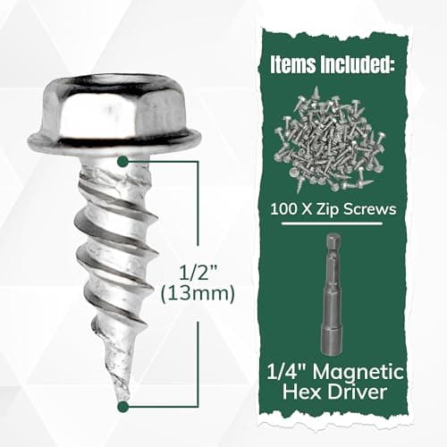 A-M Gutter Guard - 1/2" #8 Stainless Steel Zip Screws - Self-Piercing Easy Start Tip - Mill Finish - 1/4" Hex Washer Head - Pack of 100 - Includes 1/4" Magnetic Hex Driver – for Gutter Install