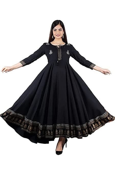 Womens Reyon Printed Anarkali Kurti Black