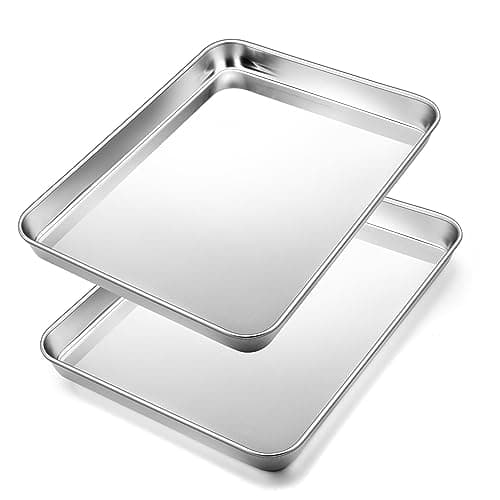 2Pcs Baking Sheet Pan Set, Joyfair Stainless Steel Cookie Sheets, Commercial Metal Pans Toaster Oven Tray Bakeware for Jelly Roll/Bread/Bacon, Heavy Gauge, Rust-free & Dishwasher Safe (10.4 Inch)