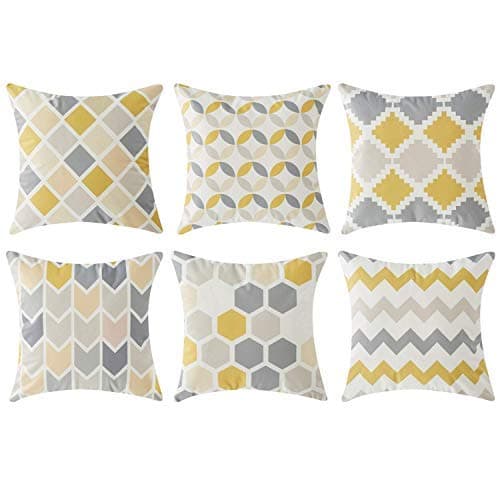 IK HAPPY Square Decorative Throw Pillow Cases Soft Microfiber Outdoor Cushion Covers 18 X 18 for Sofa Bedroom, Set of 6, Grey & Yellow