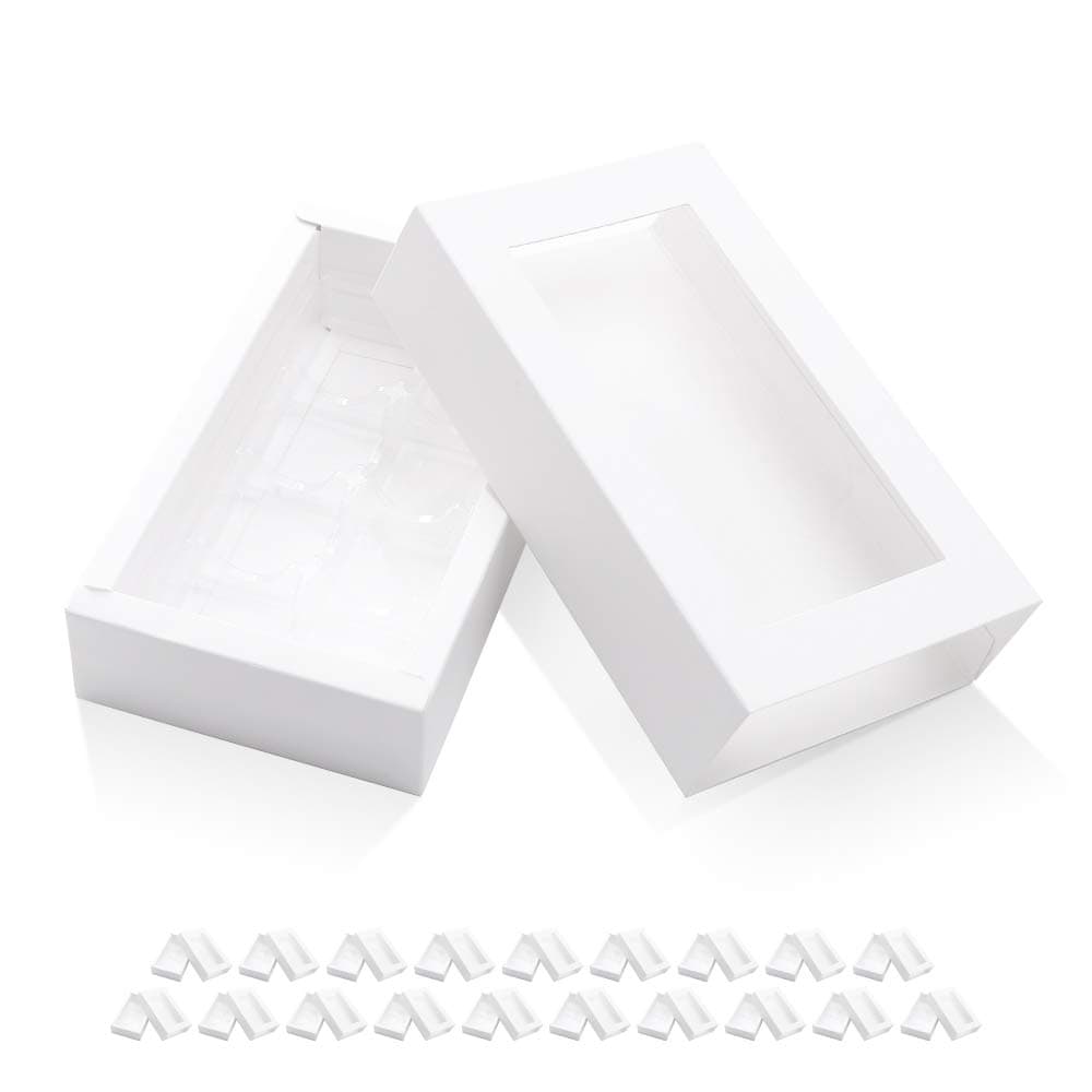 BAKIPACK 20 Truffle Box, Chocolate Box Packaging, Candy Boxes with 8-Piece Plastics Tray (Tray Size with 5.75x2.75 Inches), Pull Out Packing with Clear Window Sleeves, White