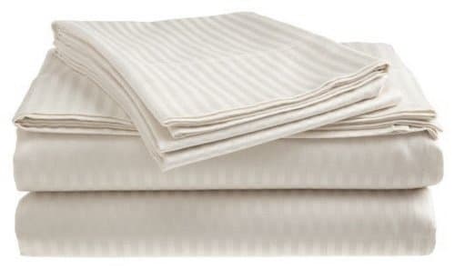 Deluxe Hotel 4-Piece Bed Sheet Set - Dobby Stripe - 100% Cotton Sateen - 300 Thread Count - Full - White