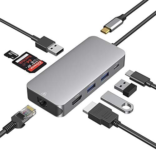 USB C Hub Adapter 8-in-1 USB C Adapter Multi Port with 4K HDMI, 1000Mbps Ethernet Port, 100W Power Delivery, 3 USB 3.0 Ports and SD Micro SD Card Reader