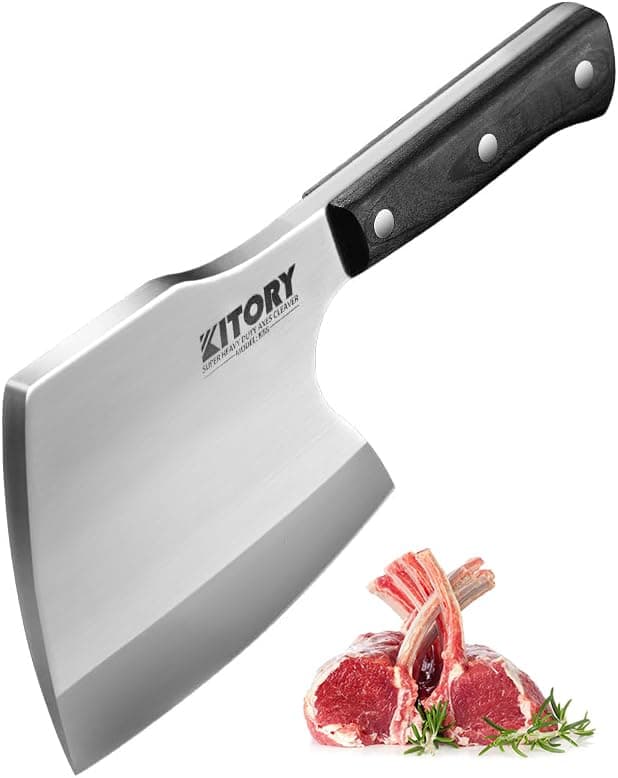 Kitory Meat Cleaver, Super Massive Heavy Duty Axe shape Kitchen Knife for Big Bones Beef Bones and Frozen Meat, bones breaker, Full Tang Butcher Knife, Black Wooden Handle