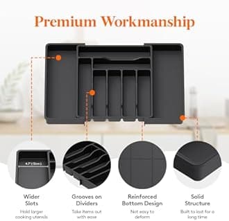 Lifewit Extendable Cutlery Drawer Organiser, Adjustable Cutlery Tray, Utensil Holder for Forks, Spoons, Knives, Plastic Kitchen Organiser and Storage, 9 Compartment, 33-57 x 38cm, Black, 2 Pack