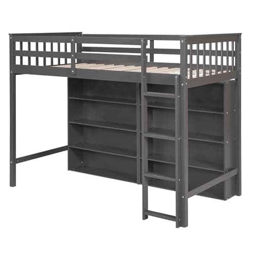 SOFTSEA Twin Size Loft Bed With Storage Shelves, Solid Wood Frame, Bookcase & Underbed Space, Ladder for Kids Boys Girls Teens, Grey