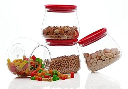 Dwellic Air Tight Matka Jar for Kitchen Storage Container for Rice | Dal | Atta, BPA-Free, Flour | Cereals | Snacks | Stack-able | Modular, Color Red 900 ML ( Set Of 4 )