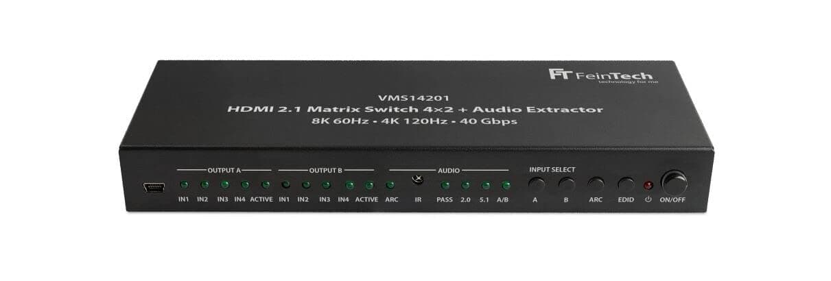 FeinTech VMS14201 HDMI 2.1 Matrix Switch 4x2 Switch 4K 120Hz 8K Ultra HD 4 in 2 Out Audio Extractror ARC Toslink SPDIF Downscaler for Xbox PS5 TV Monitor HDR VRR 40Gbps