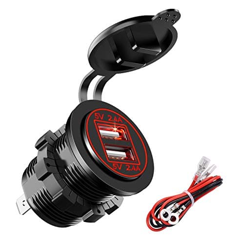 YONHAN 24W Dual USB Charger Socket Power Outlet 2.4A & 2.4A (4.8A) with Wire Fuse DIY Kit for 12V/24V Car Boat Marine Motorcycle Golf Cart and More – Red