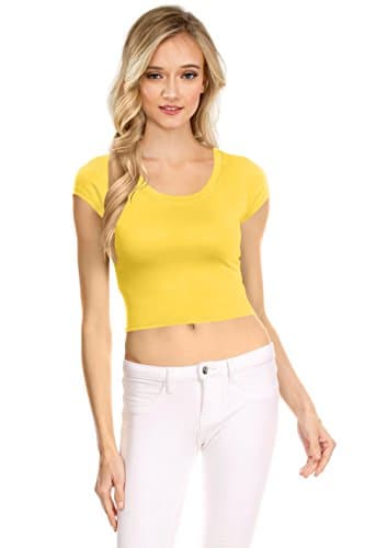 NYL Womens Basic Short Sleeve Scoop Neck Crop Top - USA, Large, Yellow