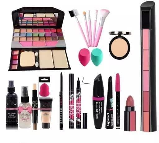 Makeup Kit with 5 Pink Makeup Brushes, 3in1 Combo, 36H Eyeliner, Kajal, Compact, 5in1 Lipstick, Fixer, Primer, Contour, Foundation, 3 Makeup Puffs - (Pack of 20)