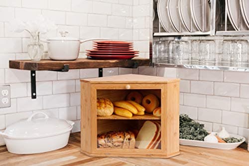 HOMEKOKO Double Layers Bamboo Corner Bread Box for Kitchen Counter, Wooden Large Capacity Bamboo Bread Food Storage Bin (Natural Bamboo)