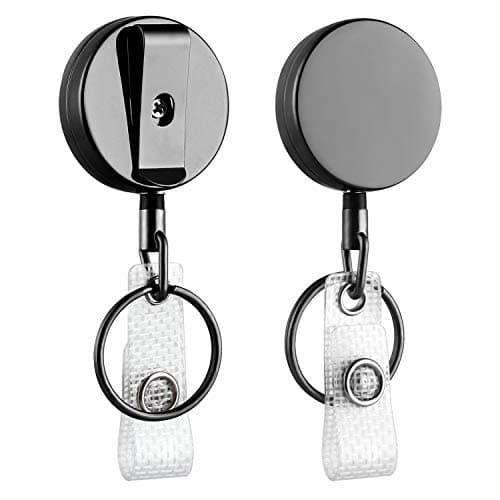 2 Pack Mini Heavy Duty Retractable Badge Holder Reel, Will Well Metal ID Badge Holder with Belt Clip Key Ring for Name Card Keychain [All Metal Casing, 24.4" Kevlar Wire Cord, Reinforced ID Strap]