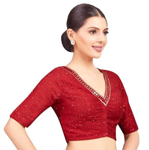 Studio Shringaar Women's Readymade Polyester Elbow Length Sleeves Saree Blouse with Mirror Work
