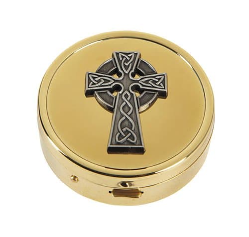 CB Catholic Celtic Cross Embossed Solid Polished Brass PYX with Drawstring Burse