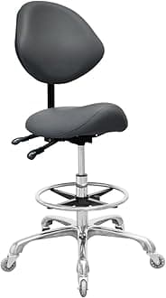 Saddle Stool Chair with Back Support Footrest, Heavy-Duty(350LBS), Hydraulic Rolling Swivel Adjustable Stool Chair for Salon Spa Beauty Massage Dental Clinic Home Office Use(Grey)