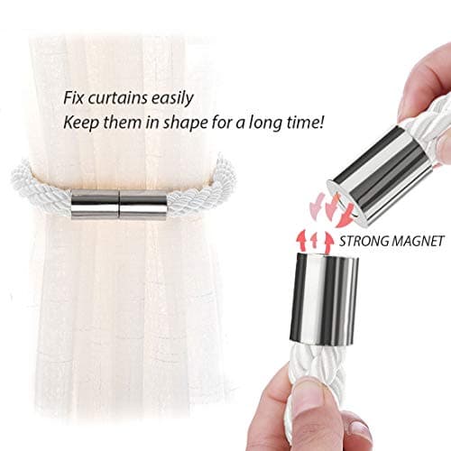 NICEEC 4 Pack Strong Magnetic Curtain Tiebacks Modern Simple Style Drape Tie Backs Convenient Decorative Weave Rope Curtain Holdbacks for Thin or Thick Home & Office Window Draperies (Silver White)