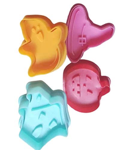 Halloween Cookie Cutters Plungers Set - Small 2" x 2" Bite Size Holiday Cookies - Kids First Molds 4 Child Stampers - Ghost Pumpkin Witch Hat Haunted House - Random Colors Sent by Jolly Jon