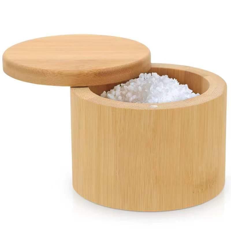 Salt Cellar, Bamboo Salt Container with Lid, Solid Salt Box Holder with 360° Swivel Lid for Countertop to Store Pepper Spice, Elegant Flaky Salt Containers Bowl on Your Kitchen, 6OZ