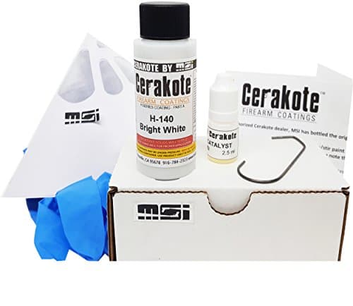 Bright White H-140 Oven Cure, MSI Ceramic Firearm Paint Bundle, includes 7 items: 45ml Ceramic Paint, Catalyst, Strainer, Gloves, Hanging hook, instructions and link to MSI instructional video.