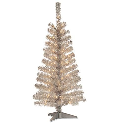 National Tree CompanyPre-Lit Artificial Christmas Tree, Silver Tinsel, White Lights, Includes Stand, 4 feet