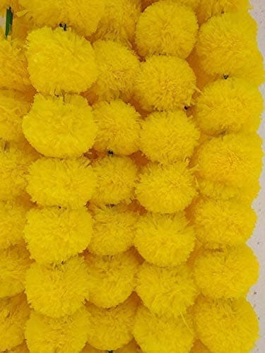 5 Pc Marigold Garland 4.5 Ft Long Strands of Artificial Marigold Flowers, Diwali Decorations Home, Indian Décor for Pooja, Wedding, Spring Bush Floral, Faux Garland, Día de Muertos Décor (Yellow)