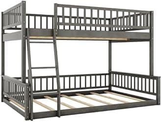 Full XL Over Queen Bunk Bed for Kids/Adults,Queen Size Floor Bunk Beds with Inclined Ladder,Solid Wood Low Bunk Bed,Detachable Bunk Beds for Teens,Girls,Boys(Gray)