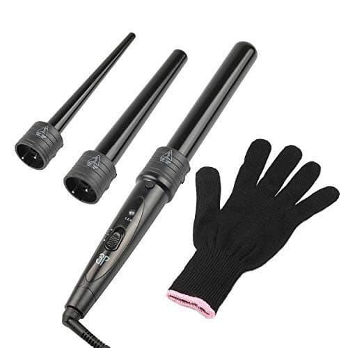 3 in 1 Curling Wand Set with 3 Interchangeable Curling Iron Ceramic Barrels with Heat Resistant Glove - Black
