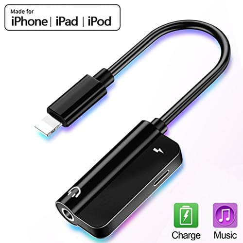 Headphone Adapter AUX 3.5 mm Jack Dongle for iPhone 7/7p/8/8p/X/Xmax dapter 2 in 1 USB Car Charger Earphone Audio Splitter Cable Support Accessory Connector Compatible for iOS 11 or Later-Black
