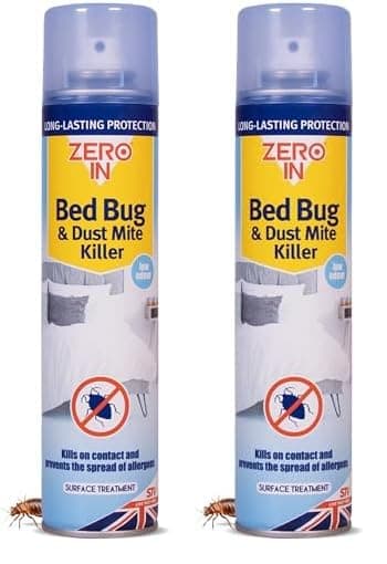Zero In Bed Bug & Dust Mite Killer - 300ml Aerosol. Ready-To-Use. Prevents Allergies, Long-Lasting Protection for Over 2 weeks Treats Mattresses, Beds and Furniture (Pack of 2)